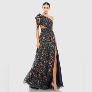 Mac Duggal 67938 Navy Tied One Shoulder Cut-Out Flowy Gown